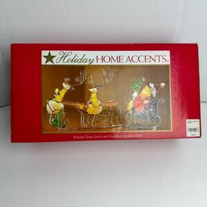 Holiday Home Accents Stained Glass Santa and Reindeer candle holder Vintage